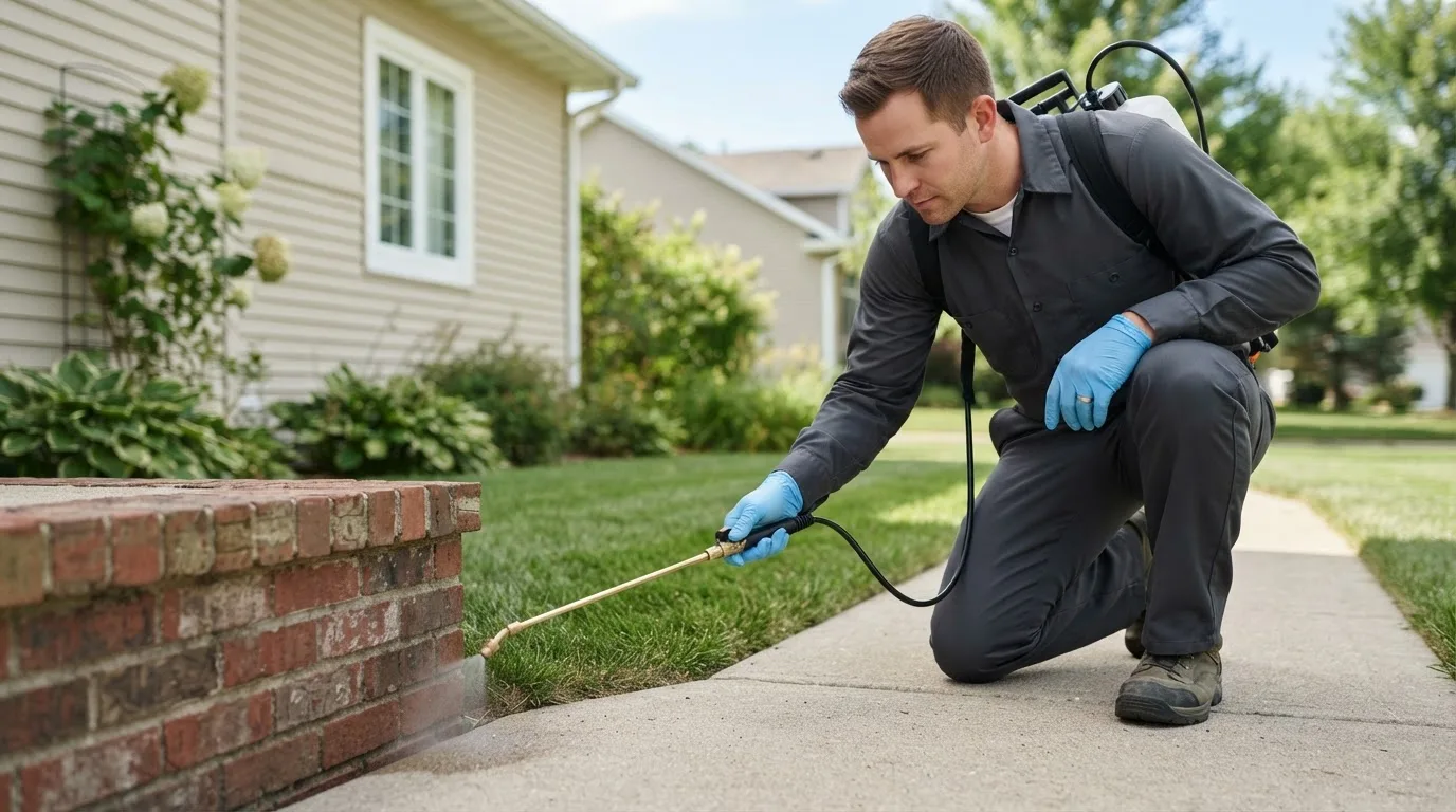 Pest control technician treating a home near Edgewood, IA