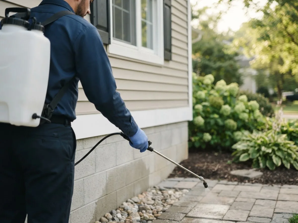 Pest control technician inspecting a home in Edgewood, IA